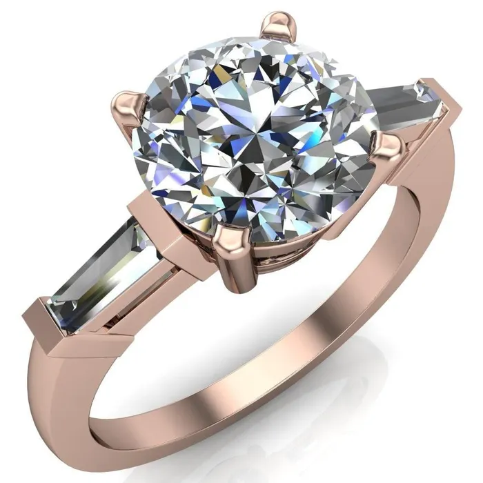 Fire Brilliance Rings Belle Round Center Stone 4 Prong Side Diamond Baguette Ring