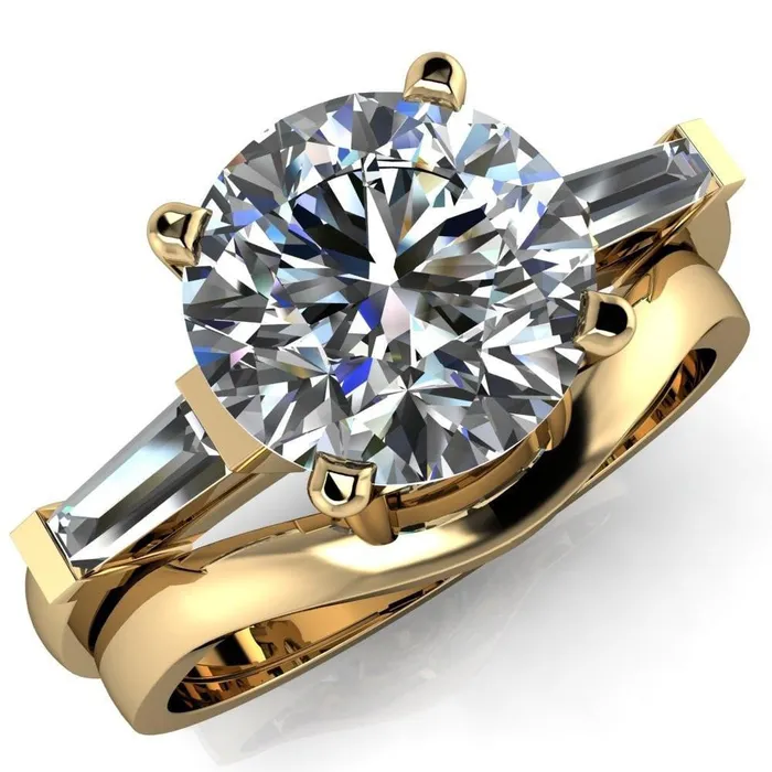 Fire Brilliance Rings Belle Round Center Stone 4 Prong Side Diamond Baguette Ring