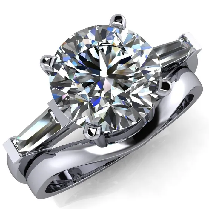 Fire Brilliance Rings Belle Round Center Stone 4 Prong Side Diamond Baguette Ring