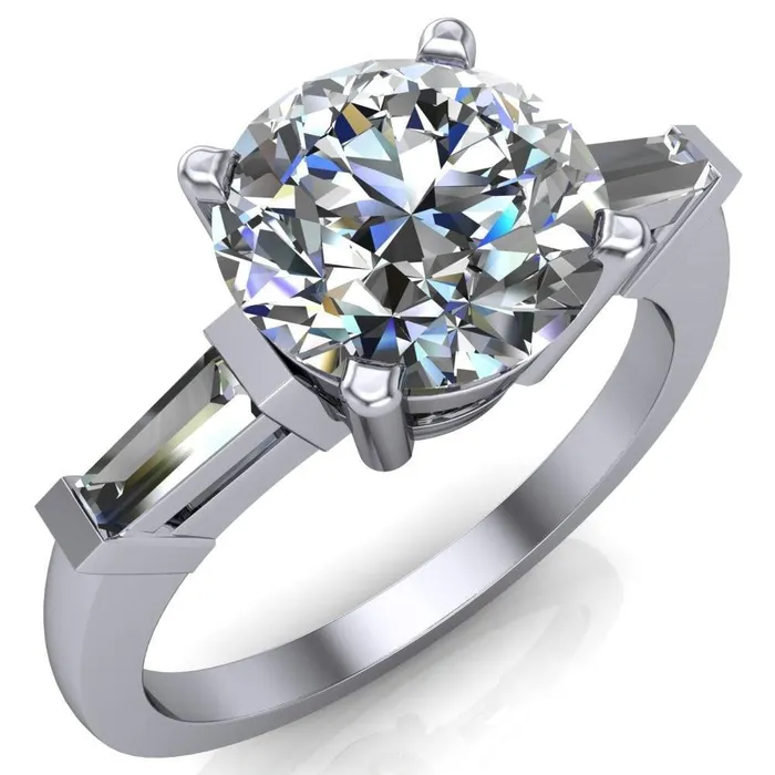 Fire Brilliance Rings Belle Round Center Stone 4 Prong Side Diamond Baguette Ring