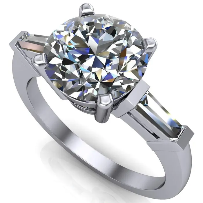 Fire Brilliance Rings Belle Round Center Stone 4 Prong Side Diamond Baguette Ring