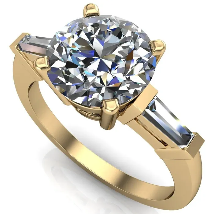 Fire Brilliance Rings Belle Round Center Stone 4 Prong Side Diamond Baguette Ring