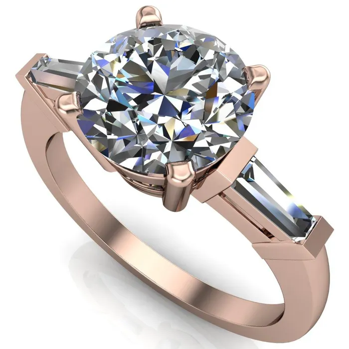 Fire Brilliance Rings Belle Round Center Stone 4 Prong Side Diamond Baguette Ring