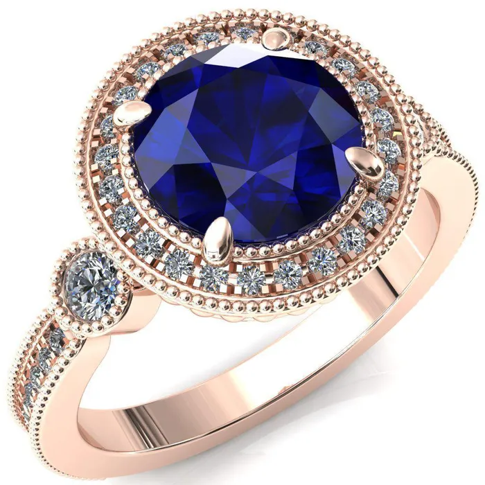 Fire Brilliance Rings Brachium Round Blue Sapphire 4 Claw Prong Diamond Halo 34 Micro Channel Engagement Ring