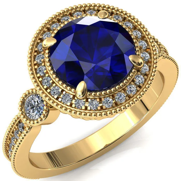 Fire Brilliance Rings Brachium Round Blue Sapphire 4 Claw Prong Diamond Halo 34 Micro Channel Engagement Ring