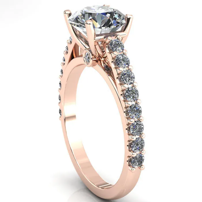 Fire Brilliance Rings Chiara Round Center Stone Diamond Accented Preset Peg Setting with Prong Set Diamond Shoulder Ring