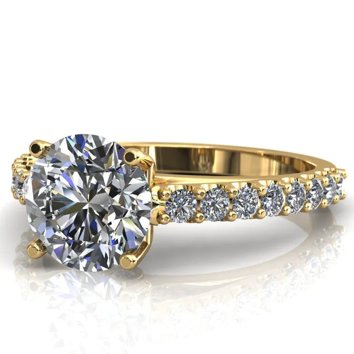 Fire Brilliance Rings Chiara Round Center Stone Diamond Accented Preset Peg Setting with Prong Set Diamond Shoulder Ring