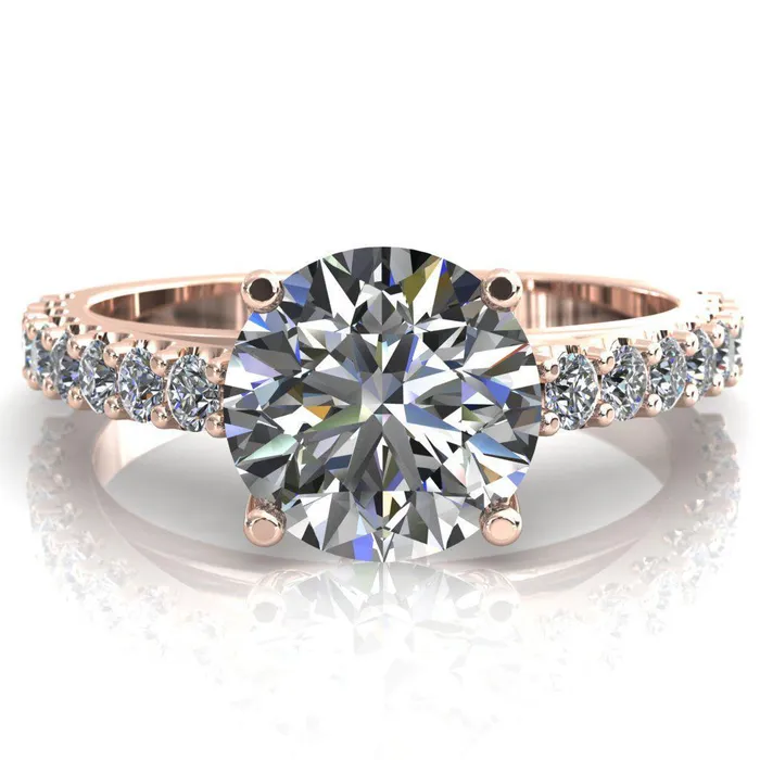 Fire Brilliance Rings Chiara Round Center Stone Diamond Accented Preset Peg Setting with Prong Set Diamond Shoulder Ring