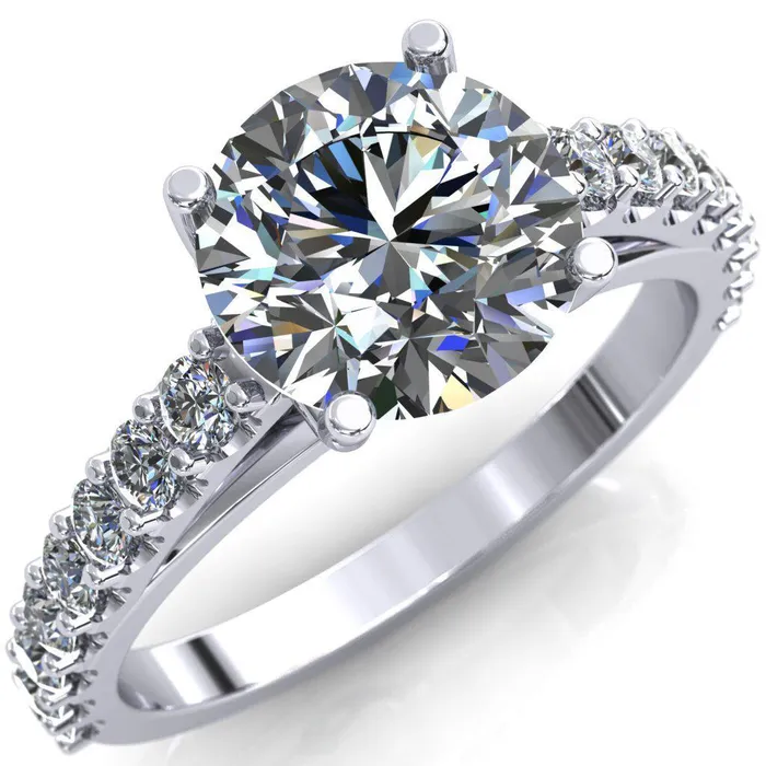 Fire Brilliance Rings Chiara Round Center Stone Diamond Accented Preset Peg Setting with Prong Set Diamond Shoulder Ring