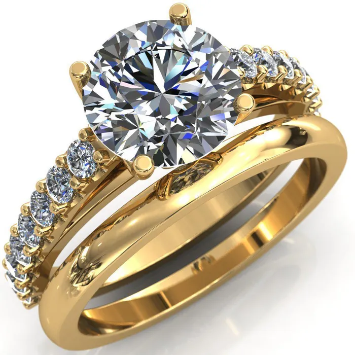 Fire Brilliance Rings Chiara Round Center Stone Diamond Accented Preset Peg Setting with Prong Set Diamond Shoulder Ring