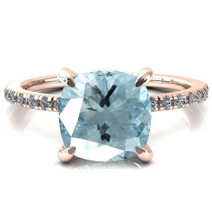 Fire Brilliance Rings Ezili Cushion Aqua Blue Spinel 4 Claw Prong Micro Pave Diamond Sides Engagement Ring