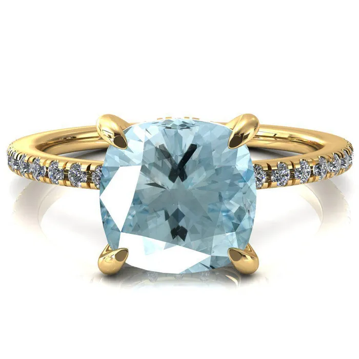 Fire Brilliance Rings Ezili Cushion Aqua Blue Spinel 4 Claw Prong Micro Pave Diamond Sides Engagement Ring