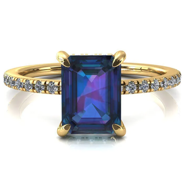 Fire Brilliance Rings Ezili Emerald Alexandrite 4 Claw Prong Micro Pave Diamond Sides Engagement Ring