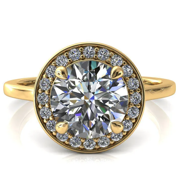 Fire Brilliance Rings Holly Round Center Stone 4 Prong Pinpoint Floating Halo Scalloped Cathedral Ring