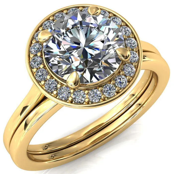 Fire Brilliance Rings Holly Round Center Stone 4 Prong Pinpoint Floating Halo Scalloped Cathedral Ring