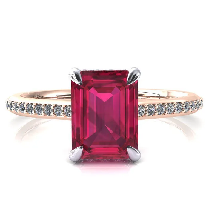 Fire Brilliance Rings Kiki Emerald Ruby 4 Prongs Claw Floating Halo 12 Pinpoint Inverted Cathedral Ring
