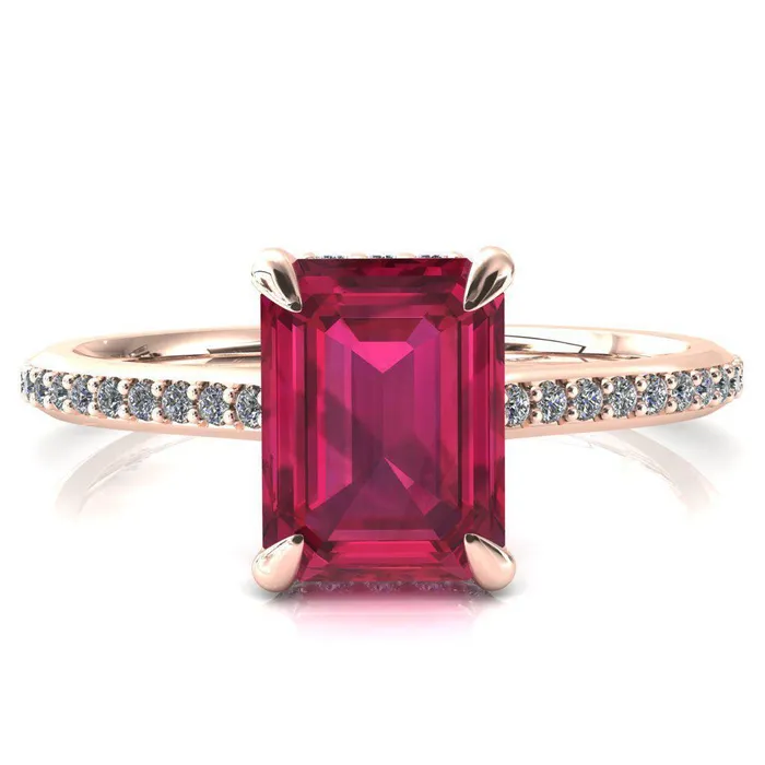 Fire Brilliance Rings Kiki Emerald Ruby 4 Prongs Claw Floating Halo 12 Pinpoint Inverted Cathedral Ring
