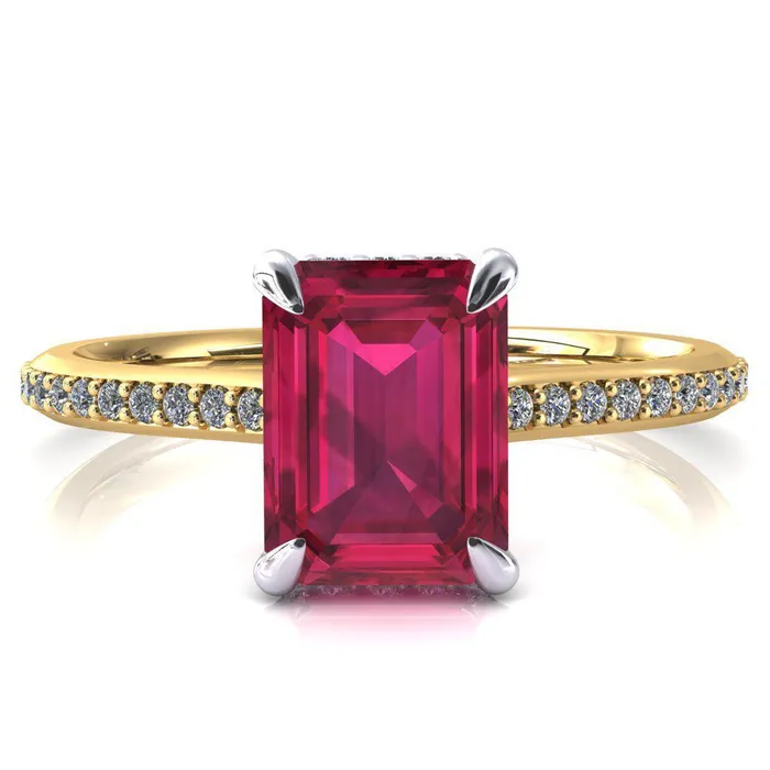 Fire Brilliance Rings Kiki Emerald Ruby 4 Prongs Claw Floating Halo 12 Pinpoint Inverted Cathedral Ring