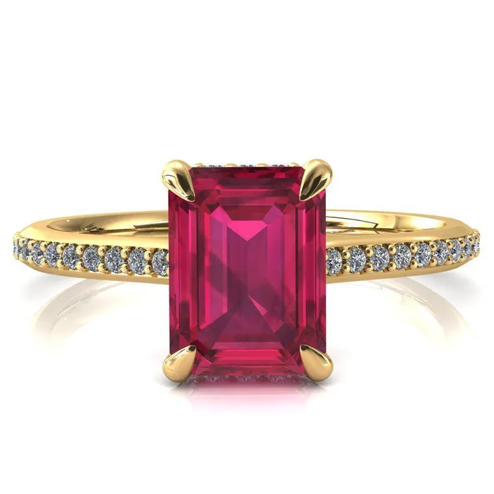 Fire Brilliance Rings Kiki Emerald Ruby 4 Prongs Claw Floating Halo 12 Pinpoint Inverted Cathedral Ring