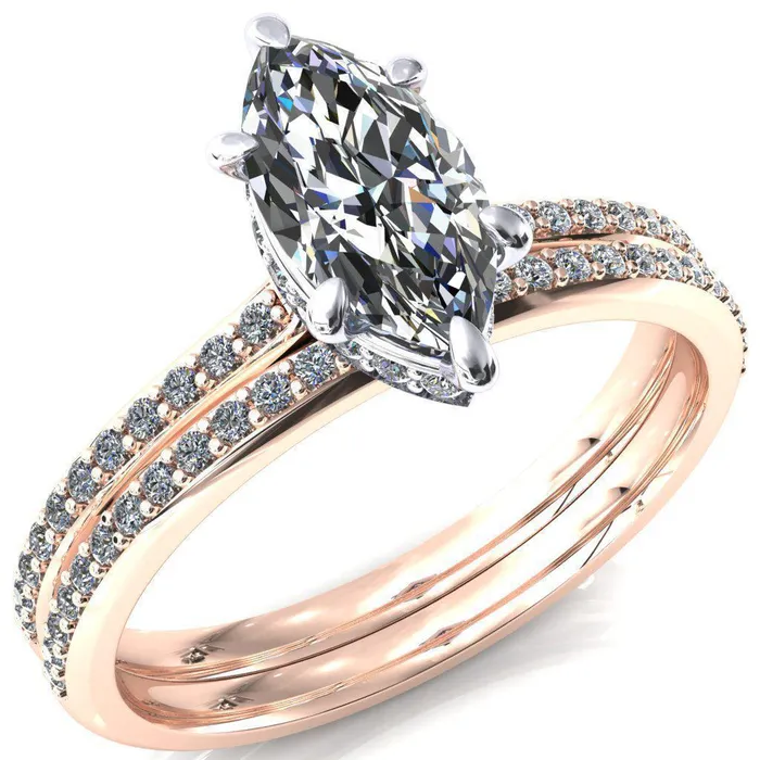 Fire Brilliance Rings Kiki Marquise Moissanite 6 Prongs Claw Floating Halo 12 Pinpoint Inverted Cathedral Ring