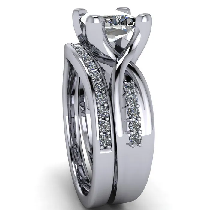 Fire Brilliance Rings Marmie Radiant Center Stone 4 Prong Split Shank Diamond Channel Cathedral Ring