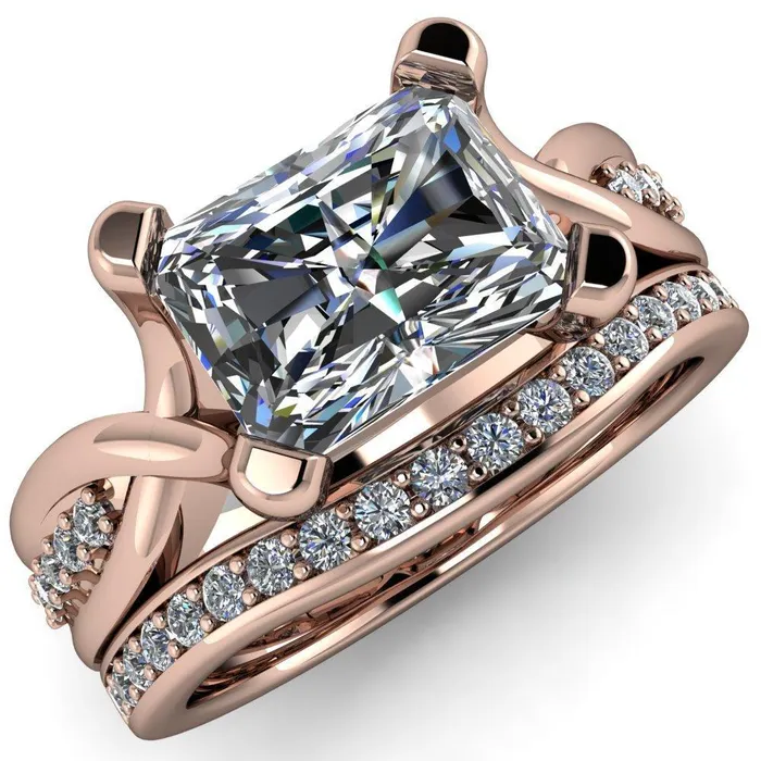 Fire Brilliance Rings Marmie Radiant Center Stone 4 Prong Split Shank Diamond Channel Cathedral Ring