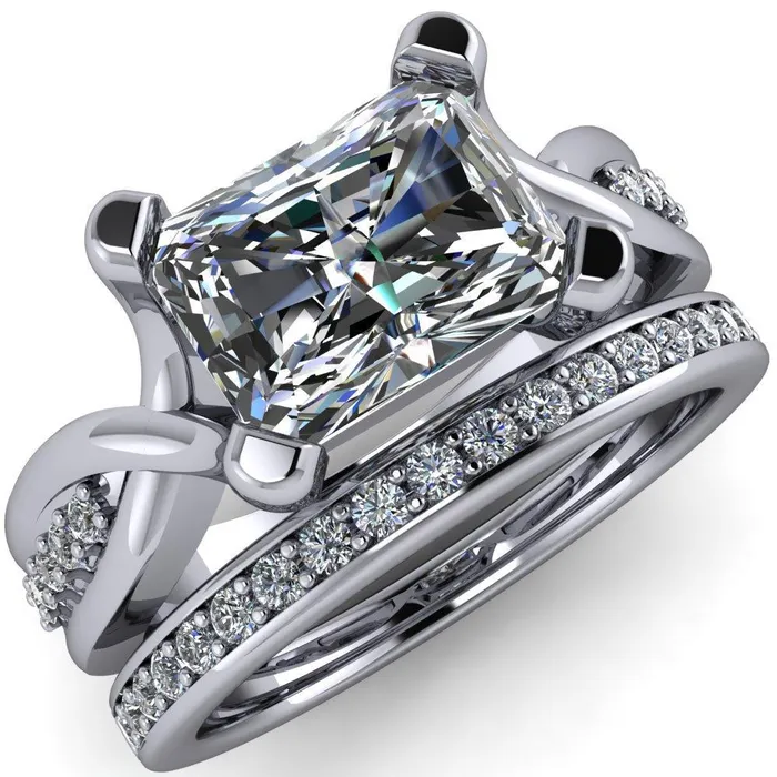 Fire Brilliance Rings Marmie Radiant Center Stone 4 Prong Split Shank Diamond Channel Cathedral Ring