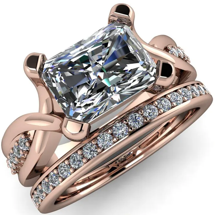 Fire Brilliance Rings Marmie Radiant Center Stone 4 Prong Split Shank Diamond Channel Cathedral Ring