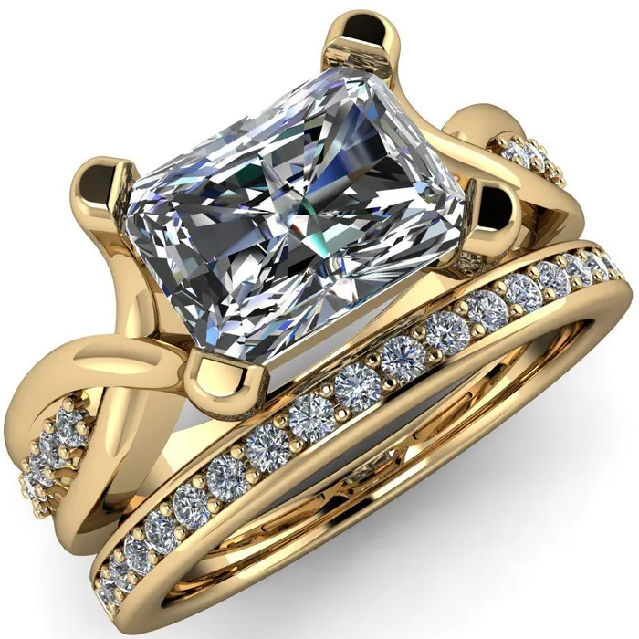 Fire Brilliance Rings Marmie Radiant Center Stone 4 Prong Split Shank Diamond Channel Cathedral Ring