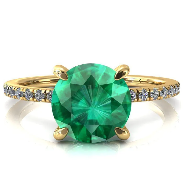 Fire Brilliance Rings Mayeli Round Emerald 4 Claw Prong Micro Pave Diamond Sides Engagement Ring