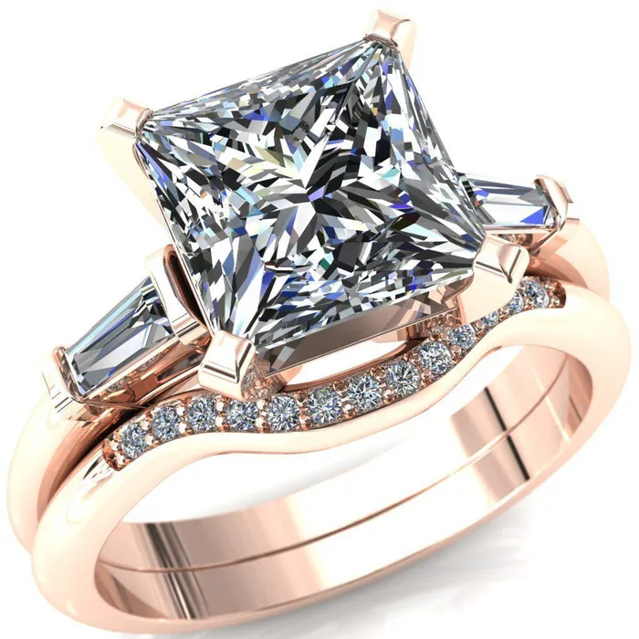 Fire Brilliance Rings Quinn PrincessSquare Moissanite 4 Prong Single Baguette Diamond Side Ring
