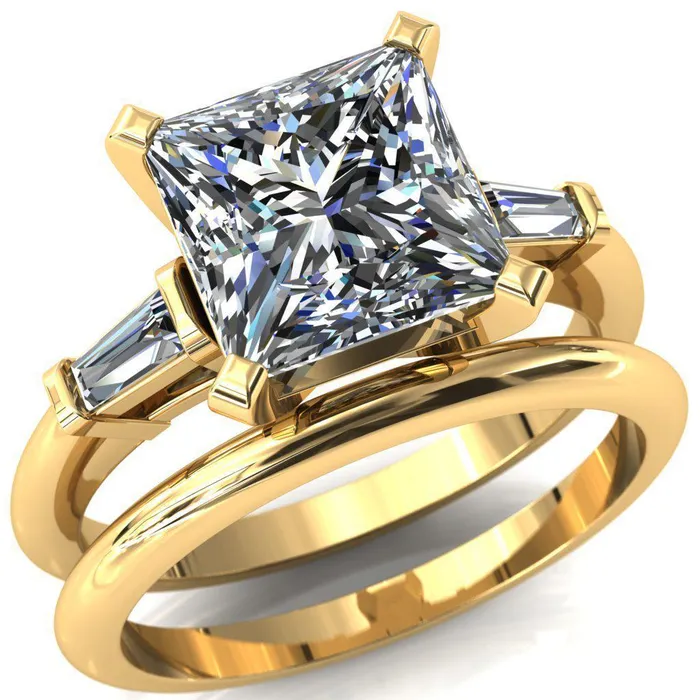 Fire Brilliance Rings Quinn PrincessSquare Moissanite 4 Prong Single Baguette Diamond Side Ring