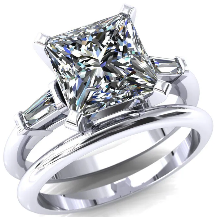 Fire Brilliance Rings Quinn PrincessSquare Moissanite 4 Prong Single Baguette Diamond Side Ring