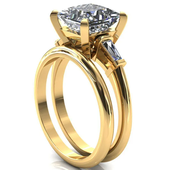 Fire Brilliance Rings Quinn PrincessSquare Moissanite 4 Prong Single Baguette Diamond Side Ring