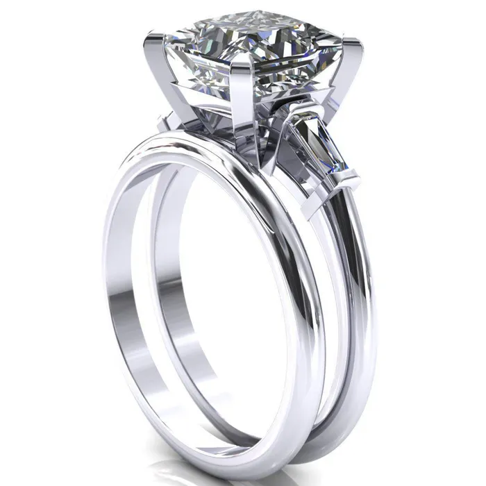 Fire Brilliance Rings Quinn PrincessSquare Moissanite 4 Prong Single Baguette Diamond Side Ring