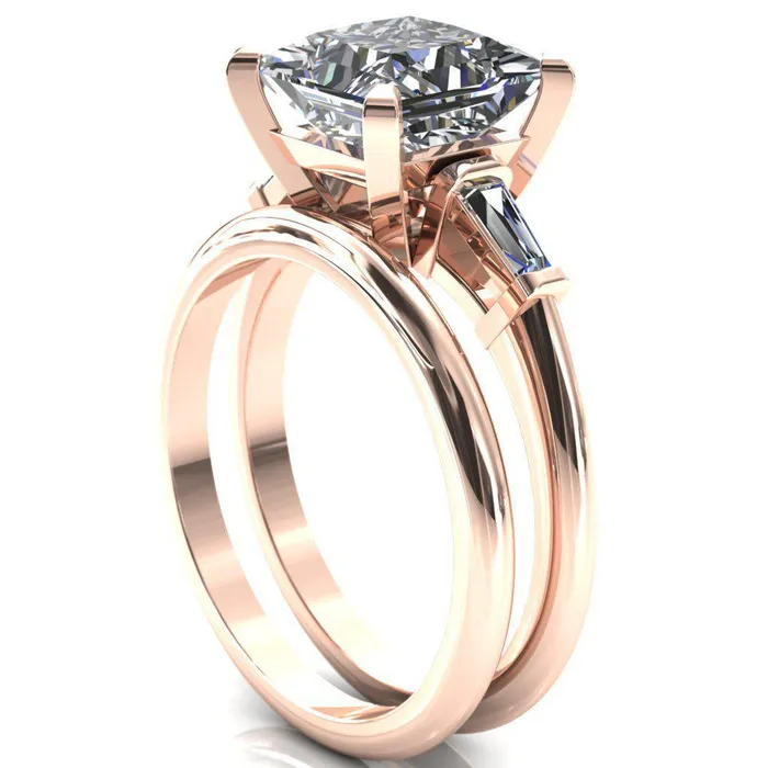 Fire Brilliance Rings Quinn PrincessSquare Moissanite 4 Prong Single Baguette Diamond Side Ring
