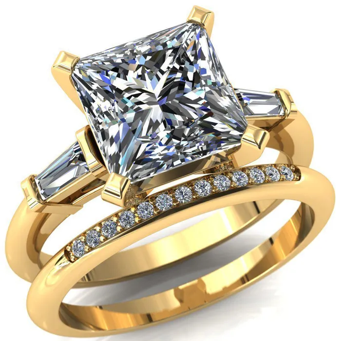 Fire Brilliance Rings Quinn PrincessSquare Moissanite 4 Prong Single Baguette Diamond Side Ring