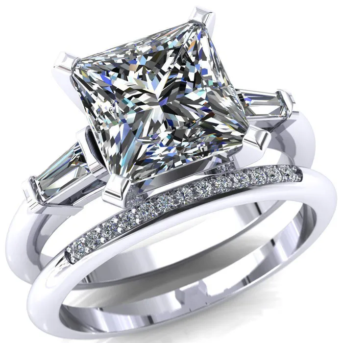 Fire Brilliance Rings Quinn PrincessSquare Moissanite 4 Prong Single Baguette Diamond Side Ring