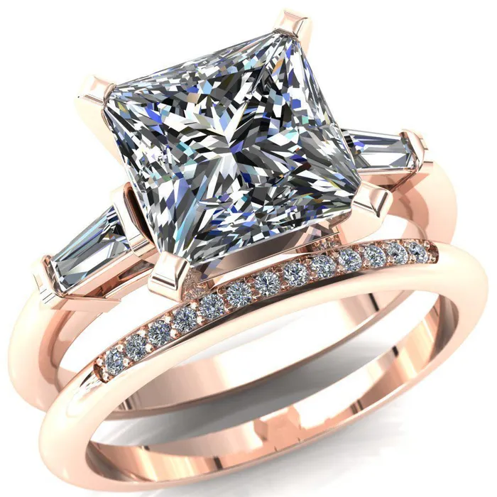 Fire Brilliance Rings Quinn PrincessSquare Moissanite 4 Prong Single Baguette Diamond Side Ring