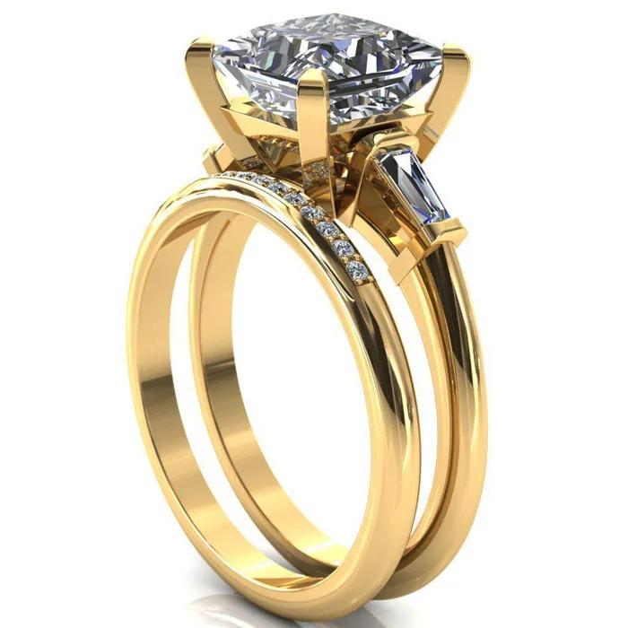 Fire Brilliance Rings Quinn PrincessSquare Moissanite 4 Prong Single Baguette Diamond Side Ring