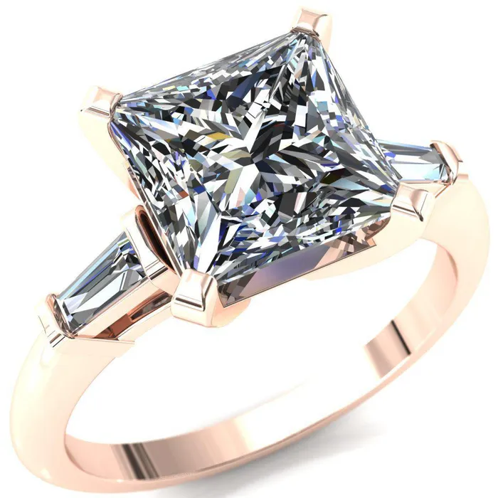 Fire Brilliance Rings Quinn PrincessSquare Moissanite 4 Prong Single Baguette Diamond Side Ring