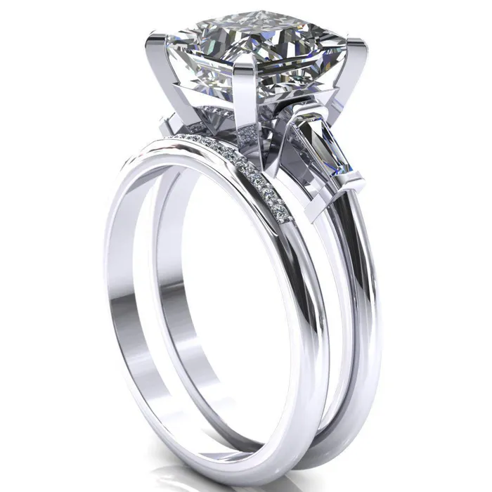Fire Brilliance Rings Quinn PrincessSquare Moissanite 4 Prong Single Baguette Diamond Side Ring