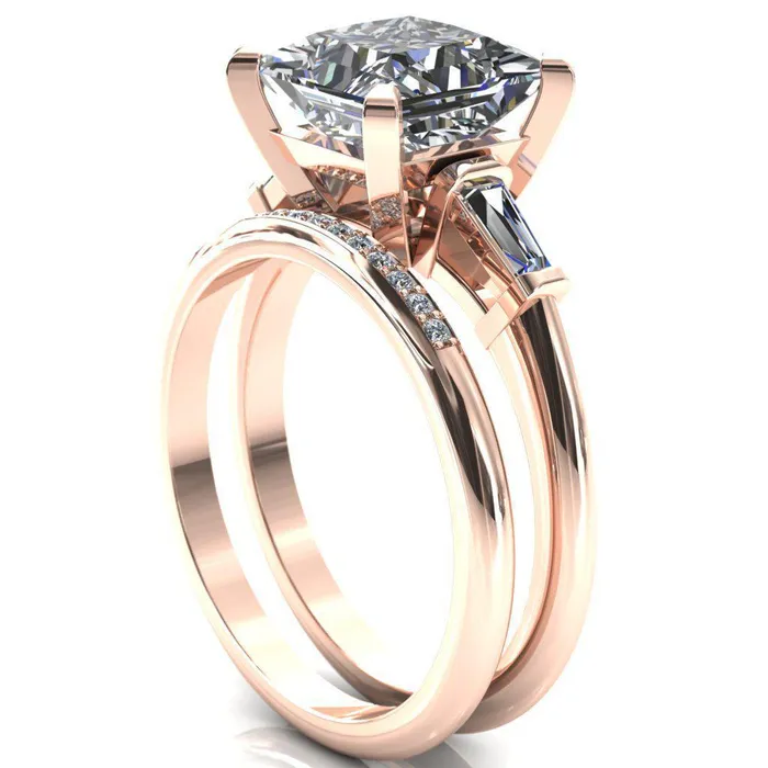 Fire Brilliance Rings Quinn PrincessSquare Moissanite 4 Prong Single Baguette Diamond Side Ring
