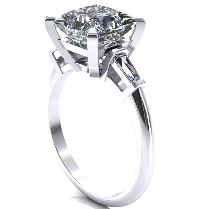Fire Brilliance Rings Quinn PrincessSquare Moissanite 4 Prong Single Baguette Diamond Side Ring