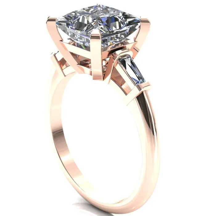 Fire Brilliance Rings Quinn PrincessSquare Moissanite 4 Prong Single Baguette Diamond Side Ring