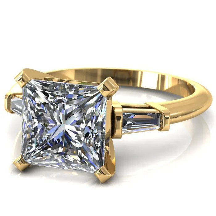Fire Brilliance Rings Quinn PrincessSquare Moissanite 4 Prong Single Baguette Diamond Side Ring