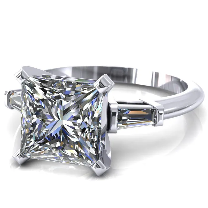 Fire Brilliance Rings Quinn PrincessSquare Moissanite 4 Prong Single Baguette Diamond Side Ring