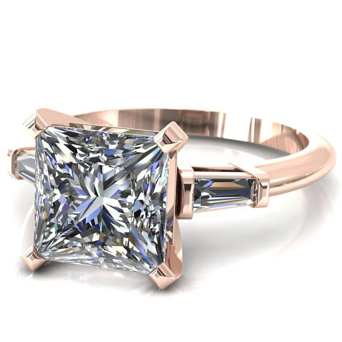 Fire Brilliance Rings Quinn PrincessSquare Moissanite 4 Prong Single Baguette Diamond Side Ring