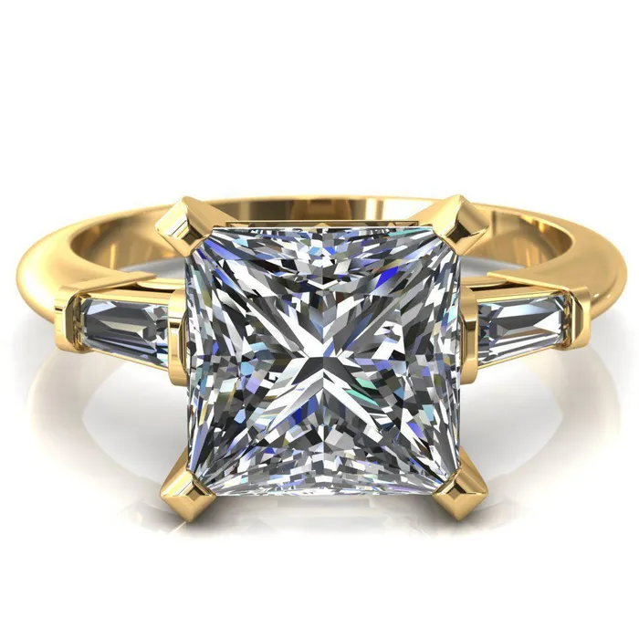 Fire Brilliance Rings Quinn PrincessSquare Moissanite 4 Prong Single Baguette Diamond Side Ring