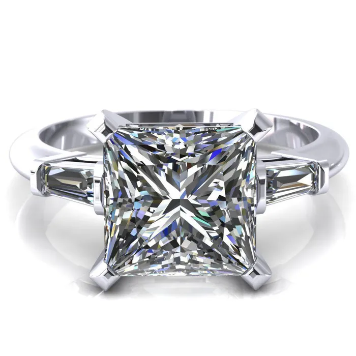 Fire Brilliance Rings Quinn PrincessSquare Moissanite 4 Prong Single Baguette Diamond Side Ring